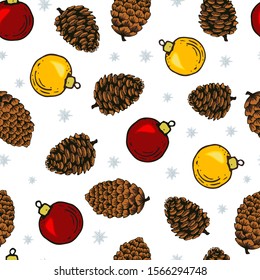 Seamless pattern with christmas balls and cones. Colorful Christmas balls and cones on seamless background.
