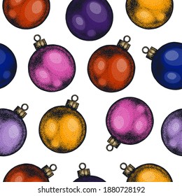 Seamless pattern with Christmas balls. Endless background with toys to decorate the spruce tree. Hand-drawn sketches for the design of packaging, postcards, wrapping paper. Vintage engraving style