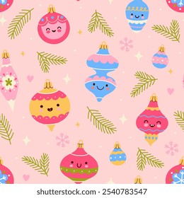 Seamless pattern of Christmas balls with funny faces. Vector graphics.