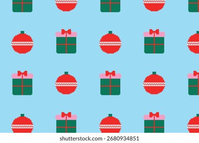 Nahtloses Muster mit Weihnachtsbällen und Geschenken im Pixel-Art-Stil. Vektorgrafik.