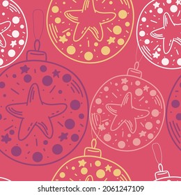 Seamless pattern with Christmas balls. hand drawing on red. hand drawing. doodle