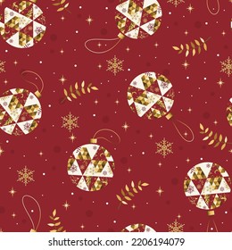 Seamless pattern with Christmas balls and herbs in red, white and gold. Perfect for wallpaper, gift paper, pattern fills, textile, Christmas and New Year greetings cards.