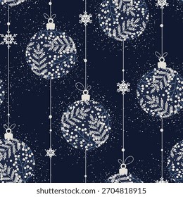 Patrón sin fisuras con bolas de Navidad, hierbas sobre fondo azul. Perfecto para invitaciones de vacaciones, tarjetas de felicitación de invierno, Fondo de pantalla