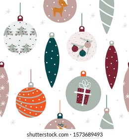 Seamless pattern with Christmas balls. Holiday background. Vector hand drawn illustration.