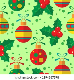 Seamless pattern with Christmas balls and holly berry. Flat design. Design element for gift wrap or fabric.