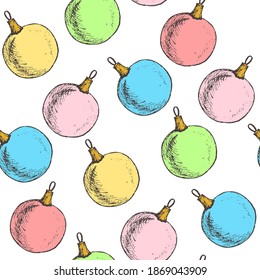 Seamless Pattern with Christmas balls isolated on white background. Christmas and New Year decoration elements. For printing wrapping paper, packaging, fabric. Hand Drawn vector illustration.