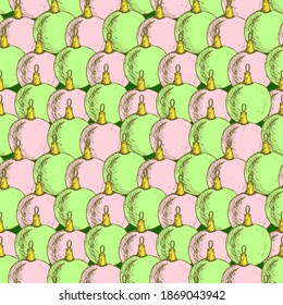 Seamless Pattern with Christmas balls isolated on green background. Christmas and New Year decoration elements. For printing wrapping paper, packaging, fabric. Hand Drawn vector illustration.