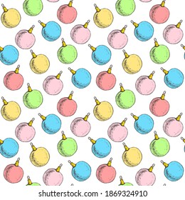 Patrón sin foco con bolas de Navidad aisladas en fondo blanco. Elementos decorativos de Navidad y Año Nuevo. Para imprimir papel envolvente, embalaje, tela. Ilustración vectorial dibujada a mano.