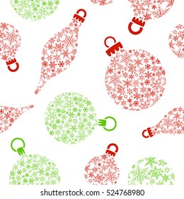 seamless pattern with Christmas balls made of snowflakes. Vector illustration. Red and green traditional colors.