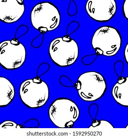Seamless pattern. Christmas balls on a blue background. Doodle style. Vector. Decor element for wallpaper, fabric, covers, wrapping paper.