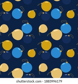 Seamless pattern with christmas balls on dark blue background. Perfect for christmas invitations, winter greeting cards, wallpaper and gift paper. Vector illustration in flat style