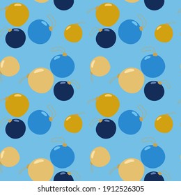 Patrón sin foco con bolas de navidad sobre fondo azul. Ideal para invitaciones de navidad, tarjetas de felicitación de invierno, papel pintado y papel de regalo. Ilustración vectorial en estilo plano