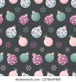 Seamless pattern with Christmas balls on a dark background. Print for New Year's wrapping paper, for covers. Vector illustration
