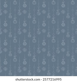 Seamless pattern with Christmas balls on a thread color. Doodle hand drawn illustration.