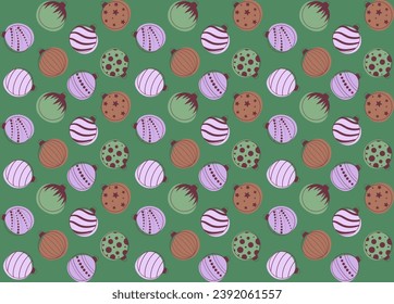 Seamless pattern with Christmas balls ona green background. Design for fabric, textile, wrapping, apparel, wallpaper. Vector illustration.