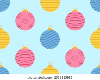 Seamless pattern with Christmas balls. Christmas ornaments, each ornament is decorated with snowflakes and stripes patterns. Xmas design for wrappers, covers, banners and posters. Vector illustration