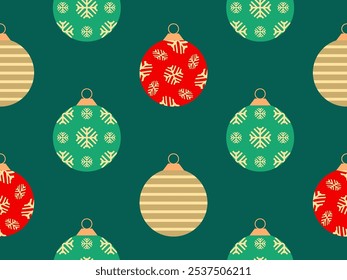 Patrón sin fisuras con bolas de Navidad. Navidades adornos, cada adorno está decorado con copos de nieve y patrones de rayas. Diseño navideño para envoltorios, fundas, Anuncios y carteles. Ilustración vectorial