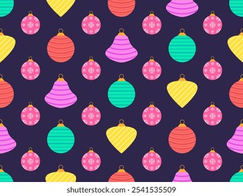 Seamless pattern with Christmas balls. Christmas ornaments, each ornament is decorated with snowflakes and stripes patterns. Xmas design for wrappers, covers, banners and posters. Vector illustration