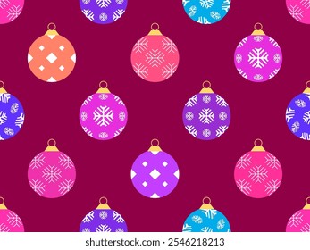 Seamless pattern with Christmas balls. Christmas ornaments, each ornament is decorated with snowflakes patterns. Xmas design for wrappers, covers, banners and posters. Vector illustration