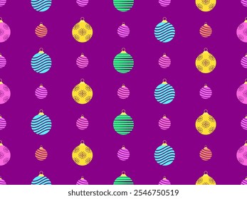 Seamless pattern with Christmas balls. Christmas ornaments, each ornament is decorated with snowflakes and stripes patterns. Xmas design for wrappers, covers, banners and posters. Vector illustration
