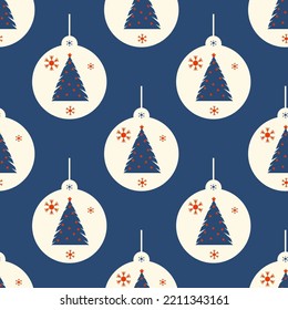 Seamless pattern with Christmas balls. Balls with a painted Christmas tree. Festive flat style design for packaging and print. Vector.