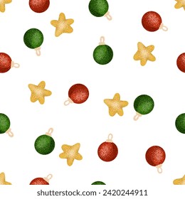 Seamless pattern with Christmas balls, red and green ornaments, stars