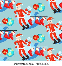 seamless pattern christmas balls and Santa Claus, Christmas socks on a blue background vector illustration