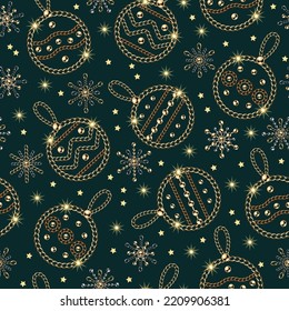 Seamless pattern with christmas balls, small snowflakes of jewelry gold, silver chains, shiny ball beads. Small stars, sparkles on green background For christmas, new year holiday package decoration