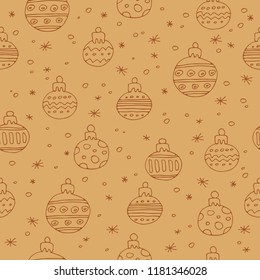 Seamless pattern with Christmas balls and snowflakes. Doodle style. Design element for leaflets, greeting cards,, textile print or gift wrap. New Year holiday illustration.