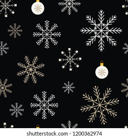 Seamless pattern with christmas balls and snowflakes on a black background. For decorating textiles, packaging, covers, web designs. Vector illustration.