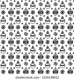 Seamless pattern with christmas balls and snowflakes. Hand drawn doodle style. Black and white vector illustration. Isolated on white background. Perfect for wrapping paper and coloring pages