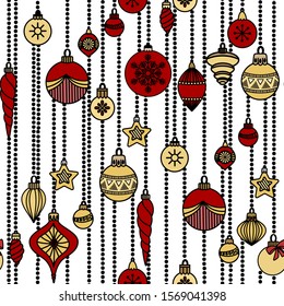 Seamless pattern with christmas balls and snowflakes. Hand drawn doodle style. Vector illustration. Isolated on white background. Perfect for wrapping paper, wallpaper, fabric print