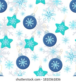 
Patrón sin foco con bolas de Navidad y copos de nieve. Ilustración vectorial en estilo plano.