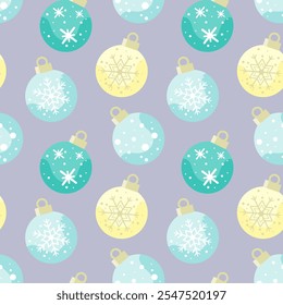Padrão contínuo de bolas de Natal bolas de Natal com flocos de neve para tecidos festivos, embalagens e pacotes Ilustração vetorial