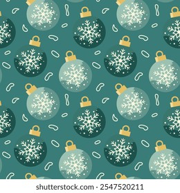 Patrón sin fisuras de bolas de Navidad Bolas de Navidad con copos de nieve para textiles festivos, embalaje y paquetes Ilustración vectorial