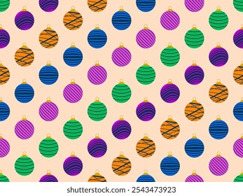 Seamless pattern with Christmas balls with striped pattern. Christmas ornaments, each decoration is decorated with stripes. Xmas design for wrappers, covers, banners and posters. Vector illustration