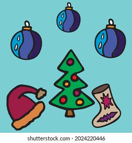 A seamless pattern with christmas balls, tree, hat and feltboot.