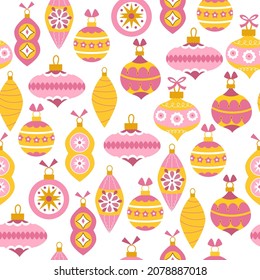 Seamless pattern of Christmas balls. Vector hand-drawn illustration of retro decorations for the holidays. Cute Pastel Palette.