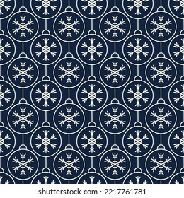 Patrón sin foco con bolas de Navidad. Contorsión blanca con un patrón de copos de nieve. Diseño de estilo plano festivo para embalaje e impresión. Vector.