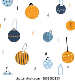 Seamless pattern with Christmas balls. Winter holiday print. Vector hand drawn illustration.