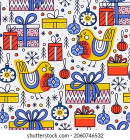 Seamless pattern with Christmas baubles, gifts and birds. Great for fabric, textile, wrapping paper. Vector Illustration