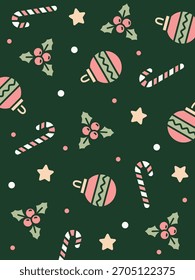 Nahtloses Muster aus Weihnachtskugeln, holligen Blättern, Zuckerstangen und Sternen auf dunkelgrünem Hintergrund. Ideal für klassische Urlaubsdesigns, Winterpapiere und Premium-Weihnachtsverpackungen.