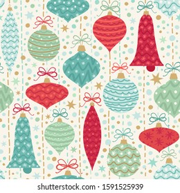 Seamless pattern with Christmas baubles. Vector illustration with Christmas ornaments in  retro colors.