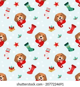 Seamless pattern with Christmas beagles. Cute dogs. Cartoon design.
