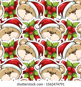 Seamless Pattern Christmas Bear Santa Cute Cartoon Illustration
