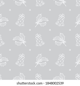 Seamless Pattern of Christmas Bell with Bow. Gray White Background of Hand Drawn Doodle Jingle Bells with Ribbon and Holly Berries and Leaves. Winter Holidays, Christmas and New Year Vector Design