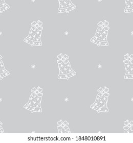Patrón sin foco de la Campana de Navidad con Bow. Viñetas de jingle dibujadas a mano con fondo blanco grisáceo. Vacaciones de invierno, navidad y diseño de vectores de Año Nuevo