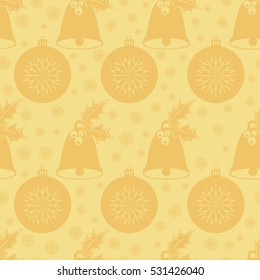 Seamless pattern with Christmas bell with holly leaves and berries, ball and snowflakes. Flat elements in shades of gold. Vector illustration. It can be used for design of packing, scrapbook, web
