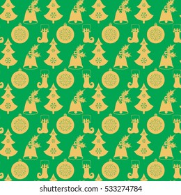 Seamless pattern with Christmas bell with holly, a ball, a tree, stocking with snowflakes. Flat elements in shades of gold on the green background. Vector illustration.