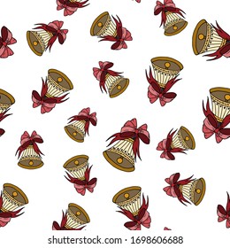Seamless pattern of Christmas bell with ribbons. Hand drawn watercolor illustration. Pattern for greeting cards, posters, wallpaper, postcards, stickers and seasonal design.